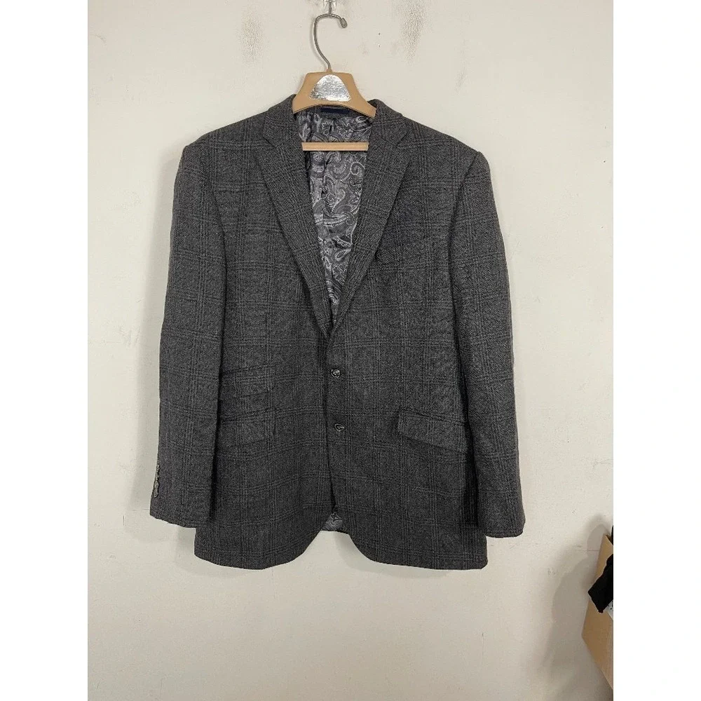 Jos A Bank Mens Blazer 43L Grey Tartan Plaid 1905 Fall 100% Wool‎ Sport Coat